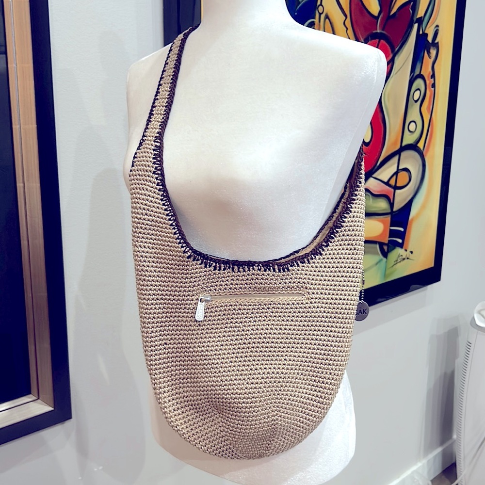 The Sak Womens Brown Nylon Crochet Knit Lined Shoulder Boho Bag